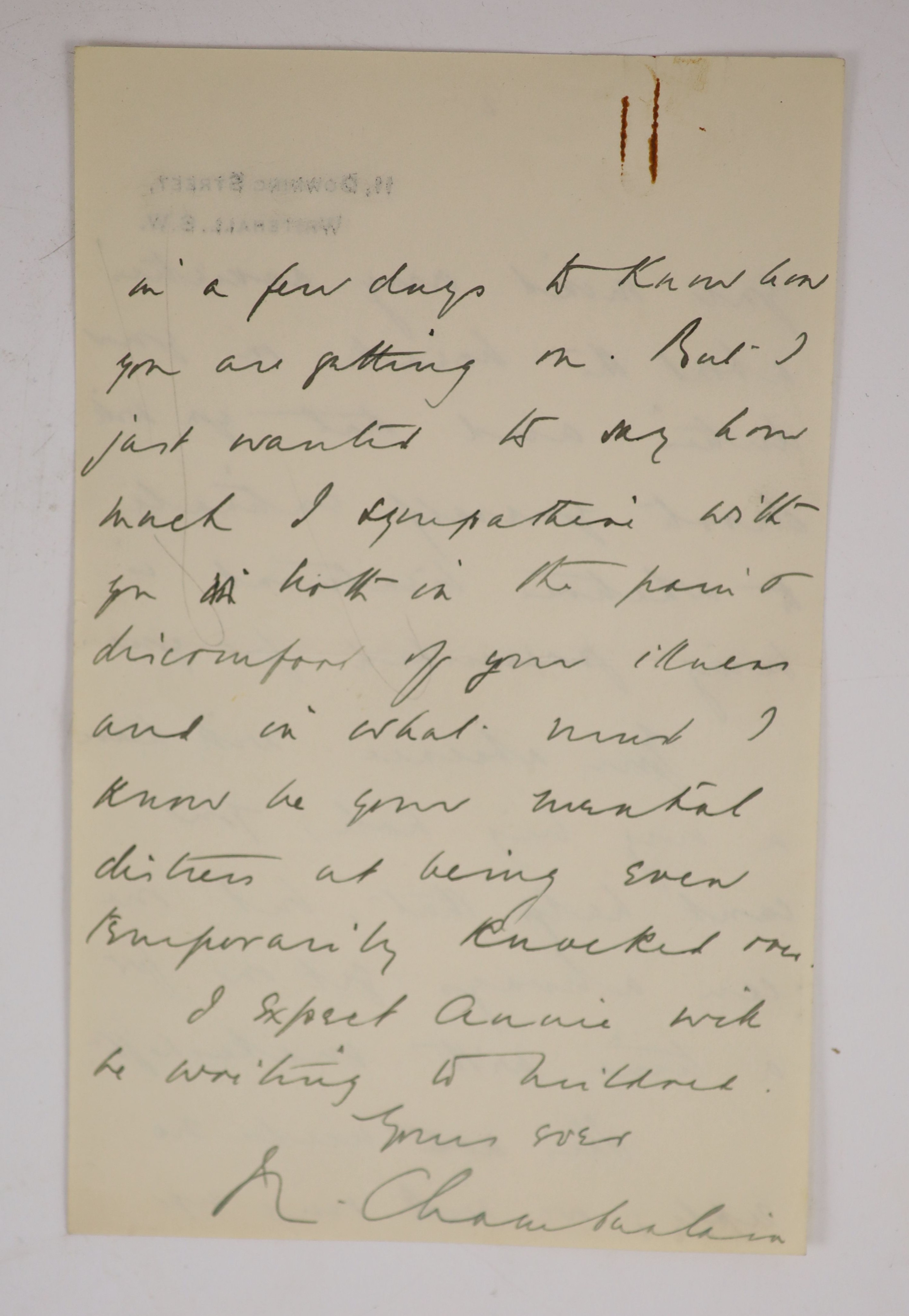 Chamberlain, Neville (1869-1940) An a/l, 4pp, 8vo, to Douglas Hogg, from 11, Downing Street, dated July 20th, 1936, another, 7pp, 8vo, with envelope, addressed to The Right Hon. The Viscount Hailsham, Carters Corner, Pla